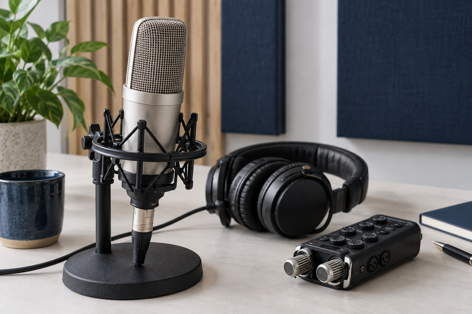 Micrófono y auriculares para transcripción de audio